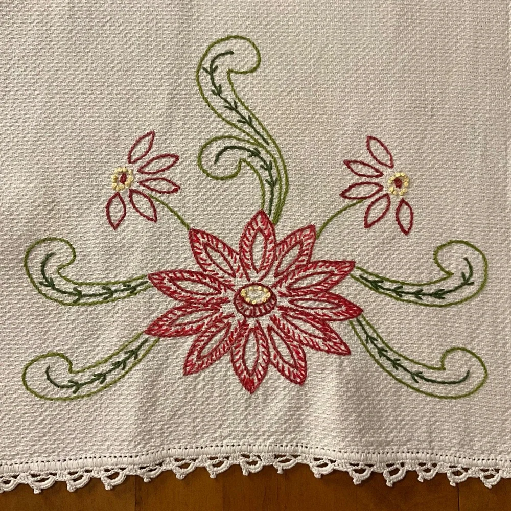 Vintage Embroidered Table Runner White‎ Red Floral Crochet Edge Kitchen Dining